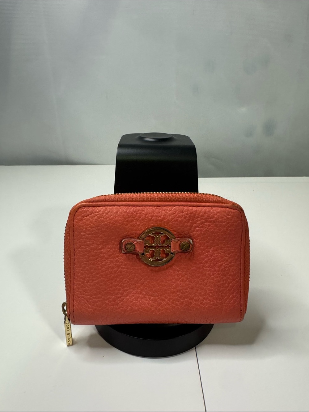 Tory Burch Coral Orange Leather Zip Wallet with Gold Emblem